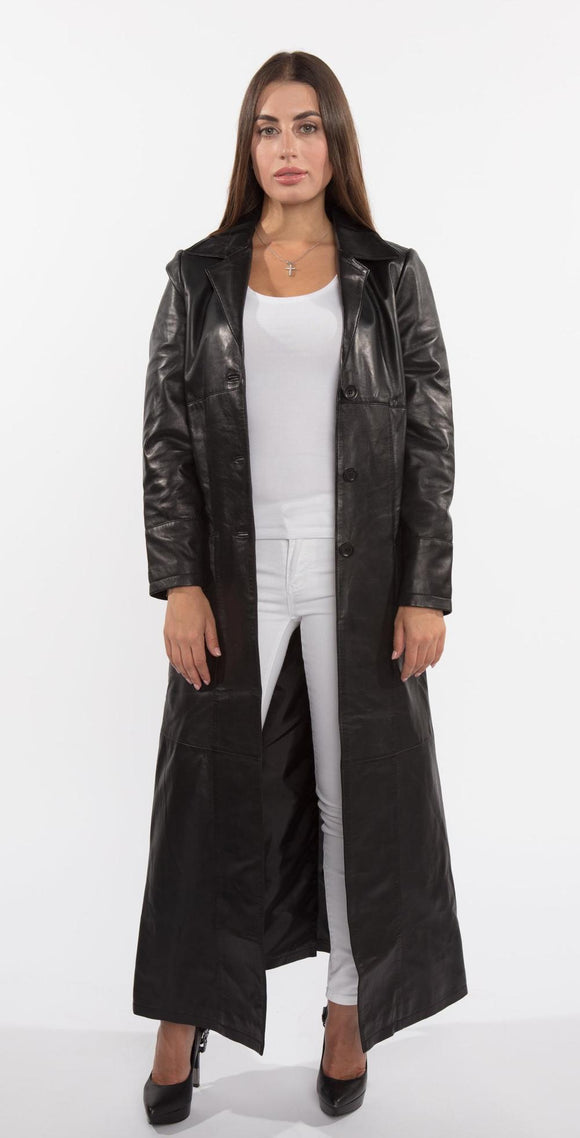 Ladies 3 Button Matrix Black Long Leather Coat